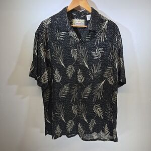 Island Fever Hawaiian Shirt Men's L Black Leaf Print Rayon Aloha Short Sleeve